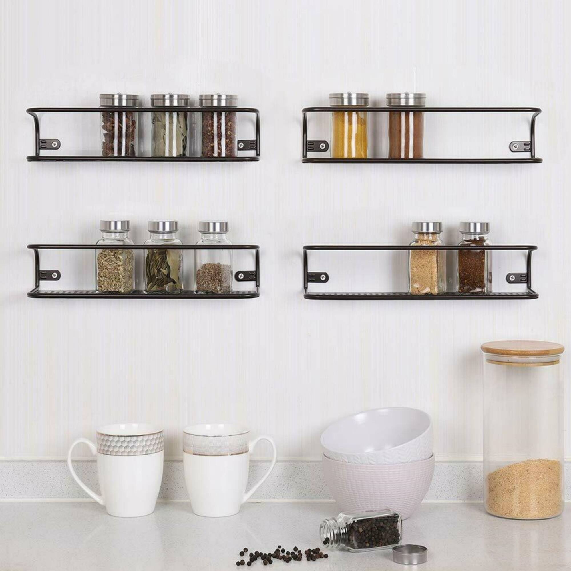 NEX™ Brown Wall-Mount Metal Spice Racks with Guard Rail, 4ct.